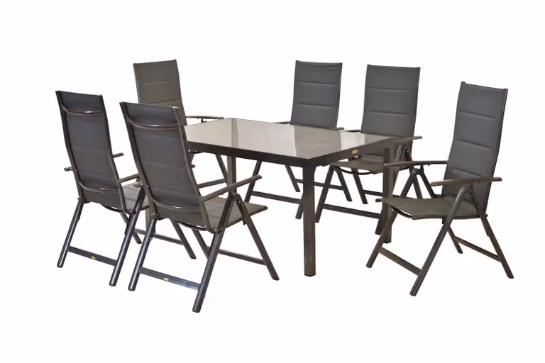 Set di mobili da giardino Merxx Taviano 7 pezzi, 6 poltrone pieghevoli, tavolo 150 x 90 cm - alluminio/tessuto