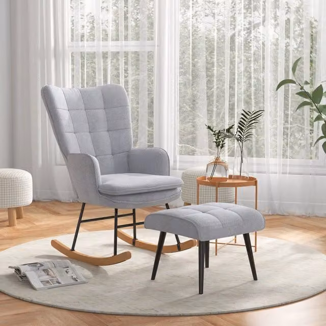 Sedia a dondolo con pouf REDOM in legno di faggio e tessuto grigio, L: 64 cm, P: 64 cm, H: 90 cm