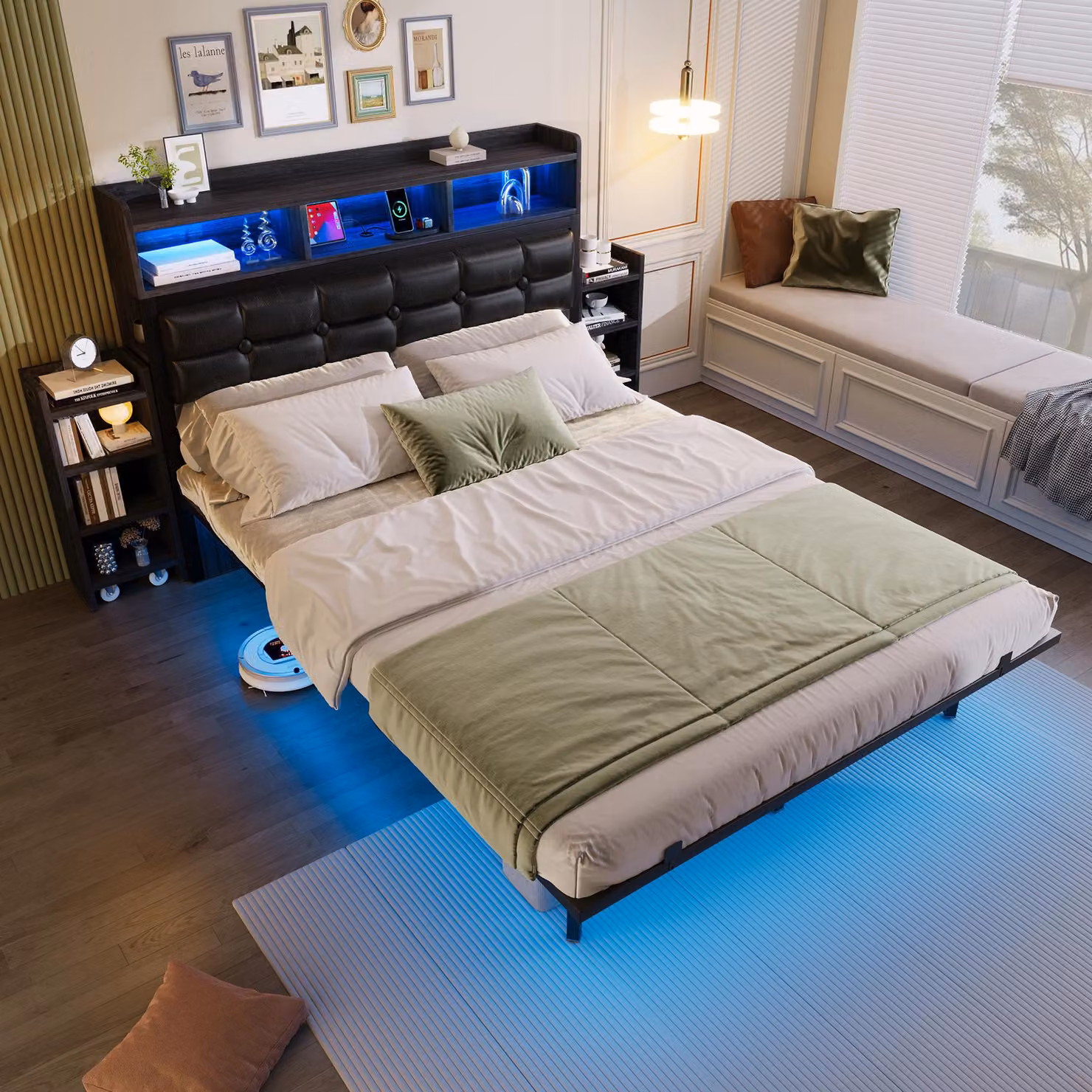 Letto matrimoniale okwish 140x190, letto multifunzionale con 2 comodini estraibili, letto per giovani con porta USB e Type-C, struttura del letto con illuminazione LED, grigio (senza materasso)