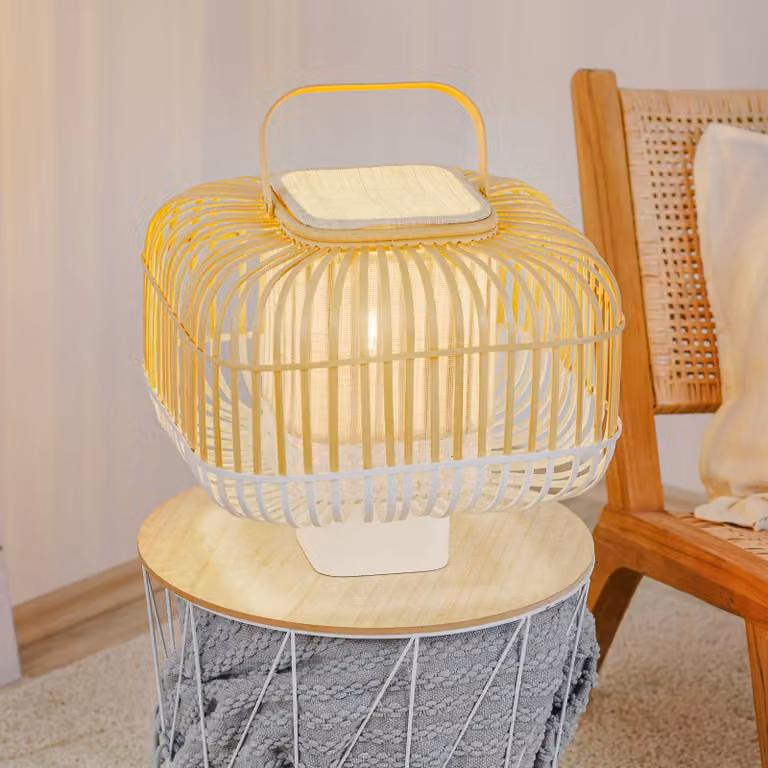 Forestier Lampada da tavolo di design Bamboo Square S, Bianco / Opale, Soggiorno / Sala da pranzo, bambù, Design, Lampada da tavolo