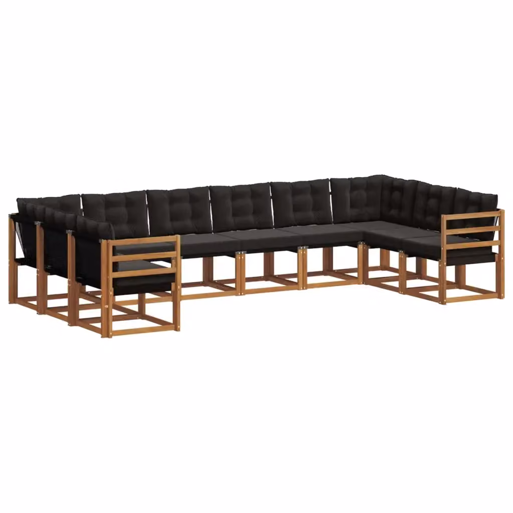 Set di divani da esterno a L vidaXL in legno di acacia e textilene, marrone e nero, composto da 10 pezzi con cuscini inclusi – 2