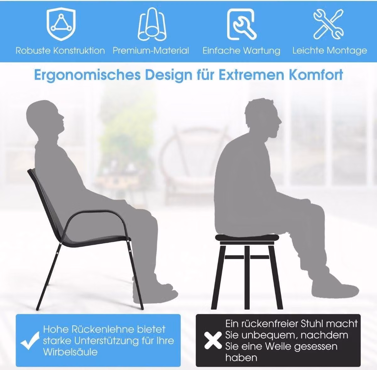 3 pezzi Set di mobili da balcone, tavolo da bistrot con 2 sedie impilabili, set da balcone, set da giardino, mobili da giardino