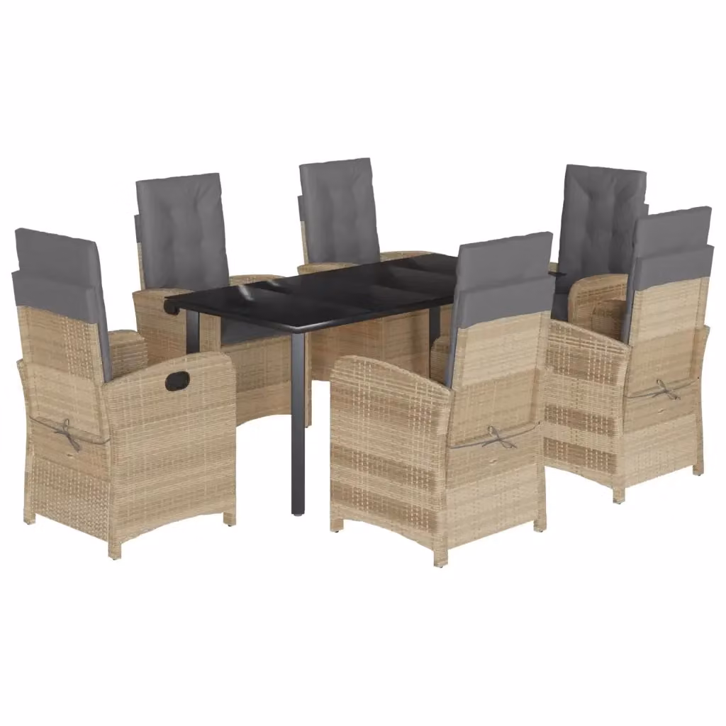 Set Pranzo da Giardino vidaXL in Polyrattan con Cuscini e Tavolo in Vetro, 7 Pezzi, Colore Beige Misto – 2