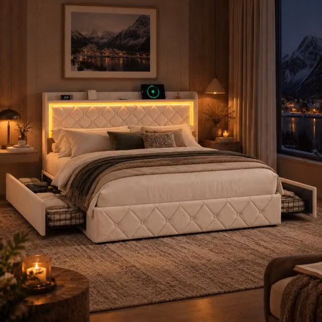 Letto Contenitore Imbottito 140x190 cm, Letto Matrimoniale con 4 Cassetti e LED, 2USB et 1Type C, Letto con Piedini, Rete a Doghe, Senza Materasso, Beige