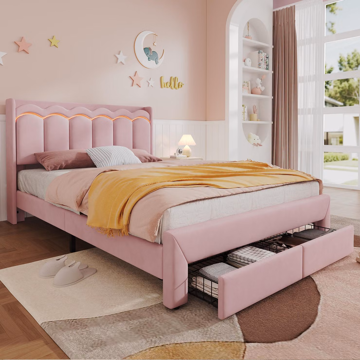 Letto imbottito MODFU, 140 x 200 cm, letto per bambini con testiera a onde, letto matrimoniale per adolescenti con 2 cassetti e illuminazione LED, senza materasso, colore rosa