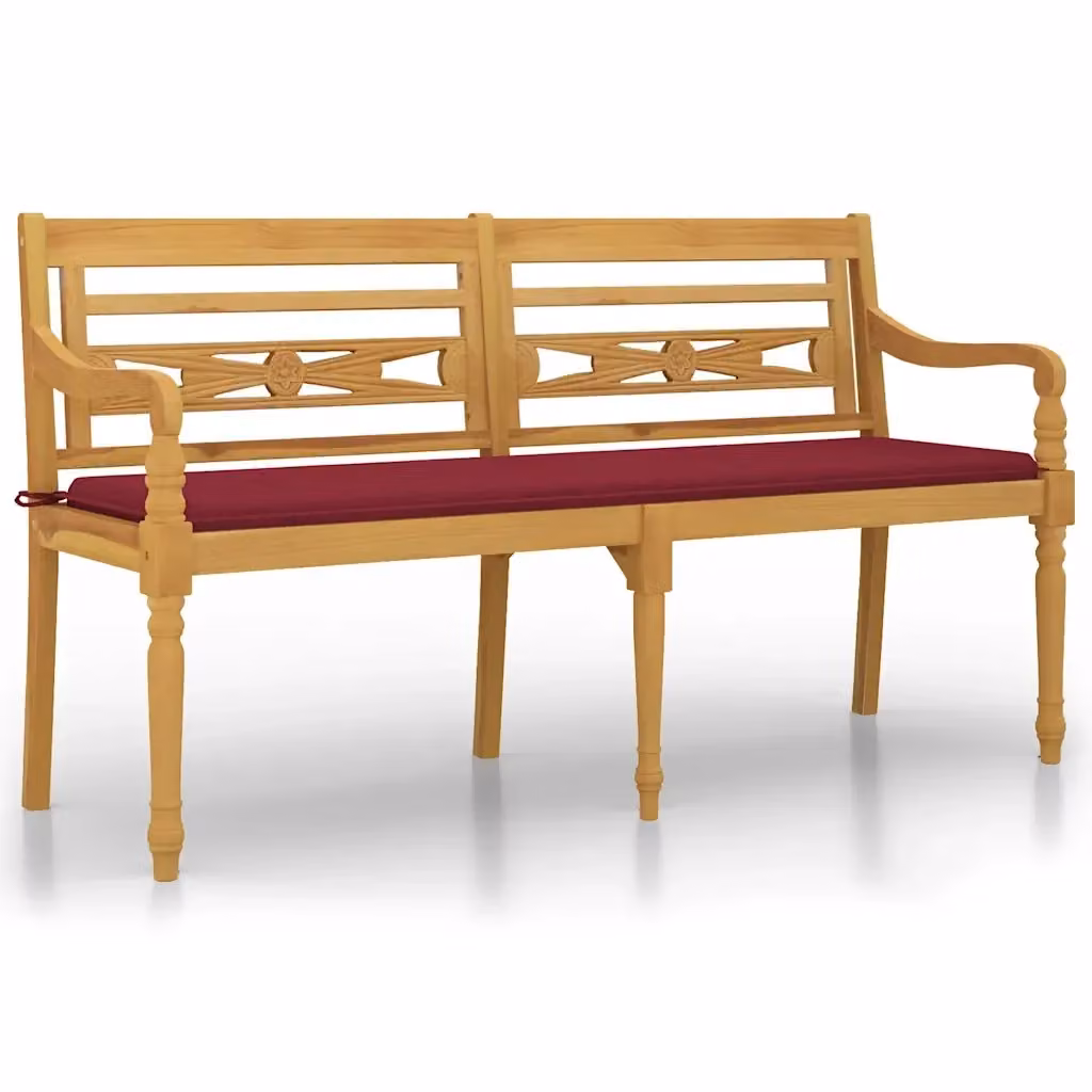 Panchina Batavia vidaXL in legno di teak massello con cuscini rossi e marroni L: 150 cm – 2