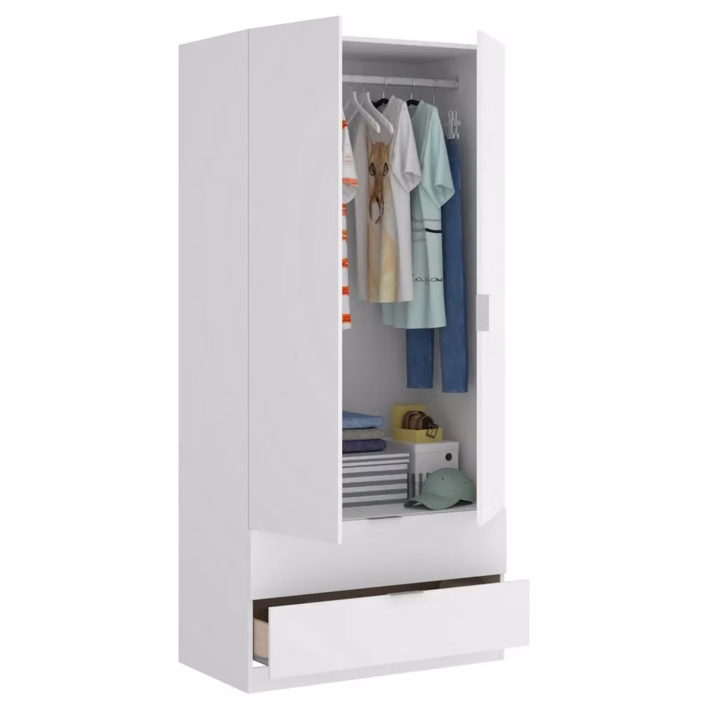 Armadio DMORA per camera da letto con 2 ante, 2 cassetti e barra appendiabiti, Bianco opaco, L: 81 cm, P: 52 cm, H: 184 cm – 2