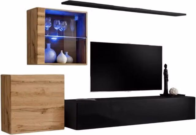 Composizione murale SWITCH XV – Mobile TV, cubi sospesi e scaffale – Nero lucido e rovere Wotan – Design moderno