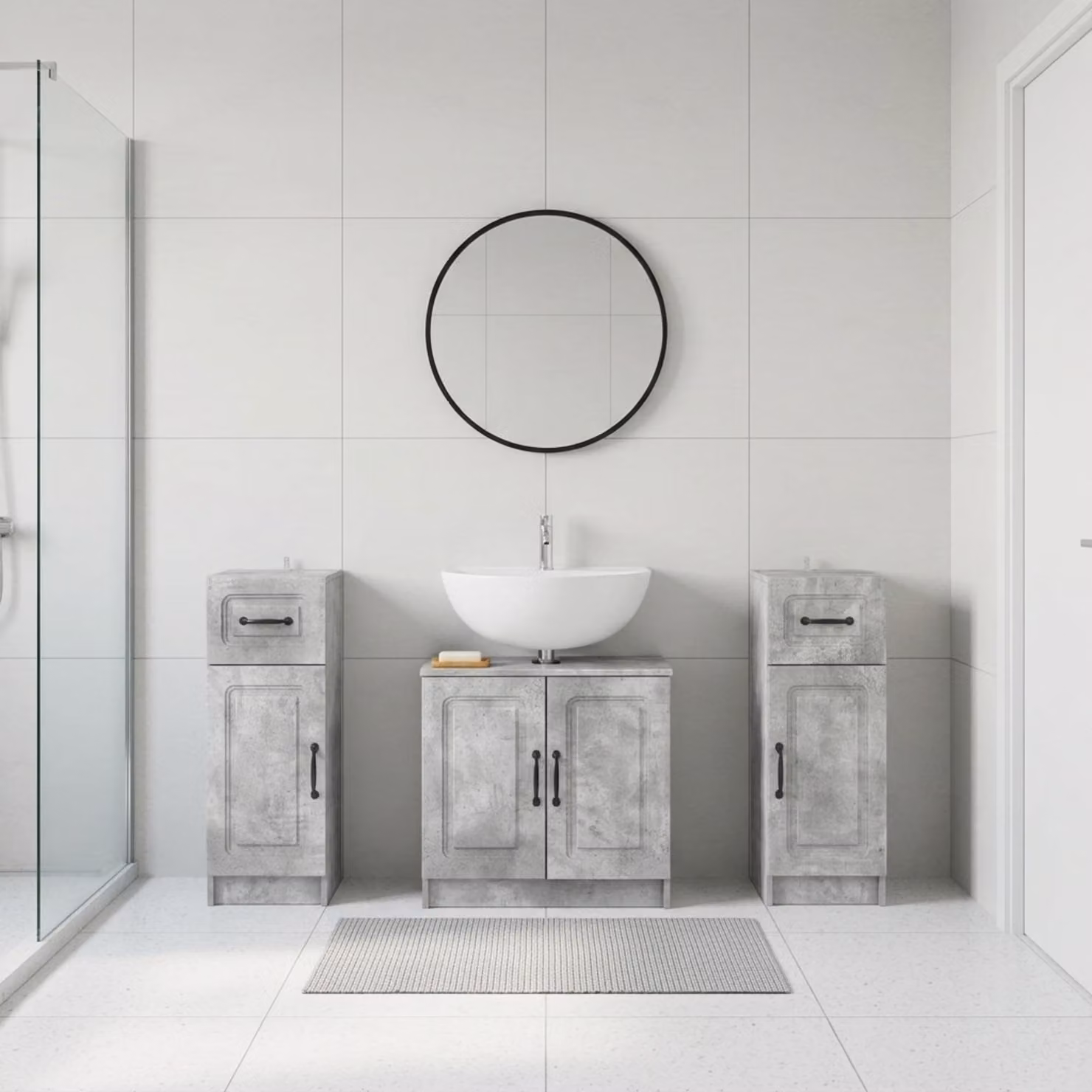 Set di mobili da bagno vidaXL UTRECHT in 3 pezzi, colore grigio, design minimalista con ante a cerniera e ripiani interni, struttura autoportante