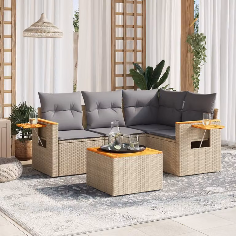 vidaXL Set Divano da Giardino a L 5 pz in Polyrattan con Cuscini Beige e Tavolino, Design Moderno con Struttura in Legno di Acacia
