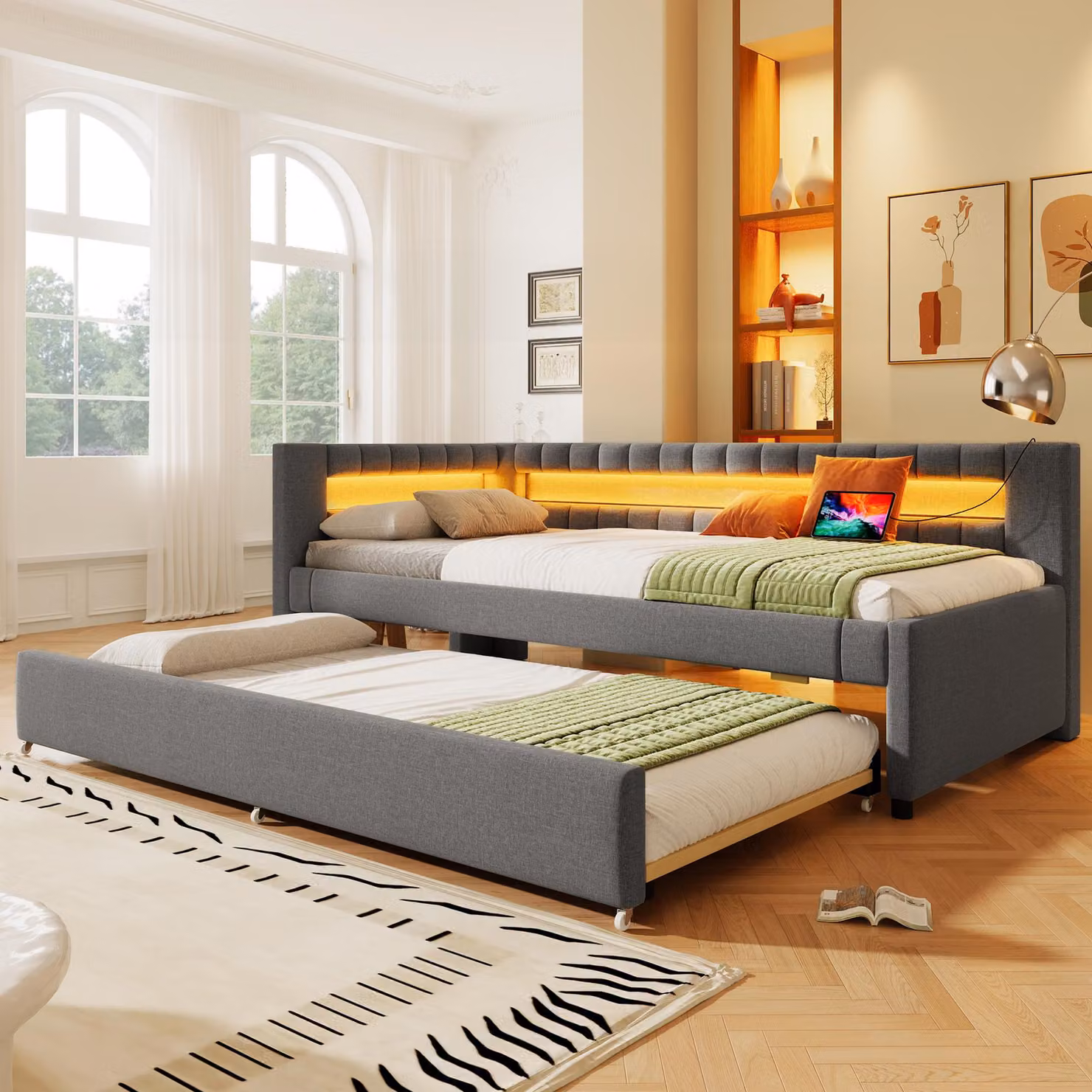 Merax daybed Daybed 90x200 cm, con letto estraibile 90x190 cm, LED, USB e Type-C, divano letto, divano letto, grigio