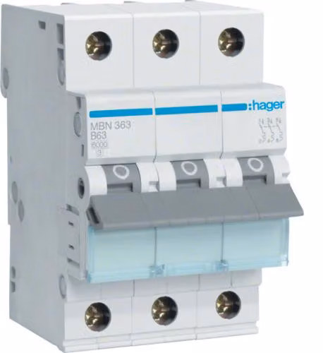 Interruttore automatico Hager a 3 poli B-63A, 6kA MBN363