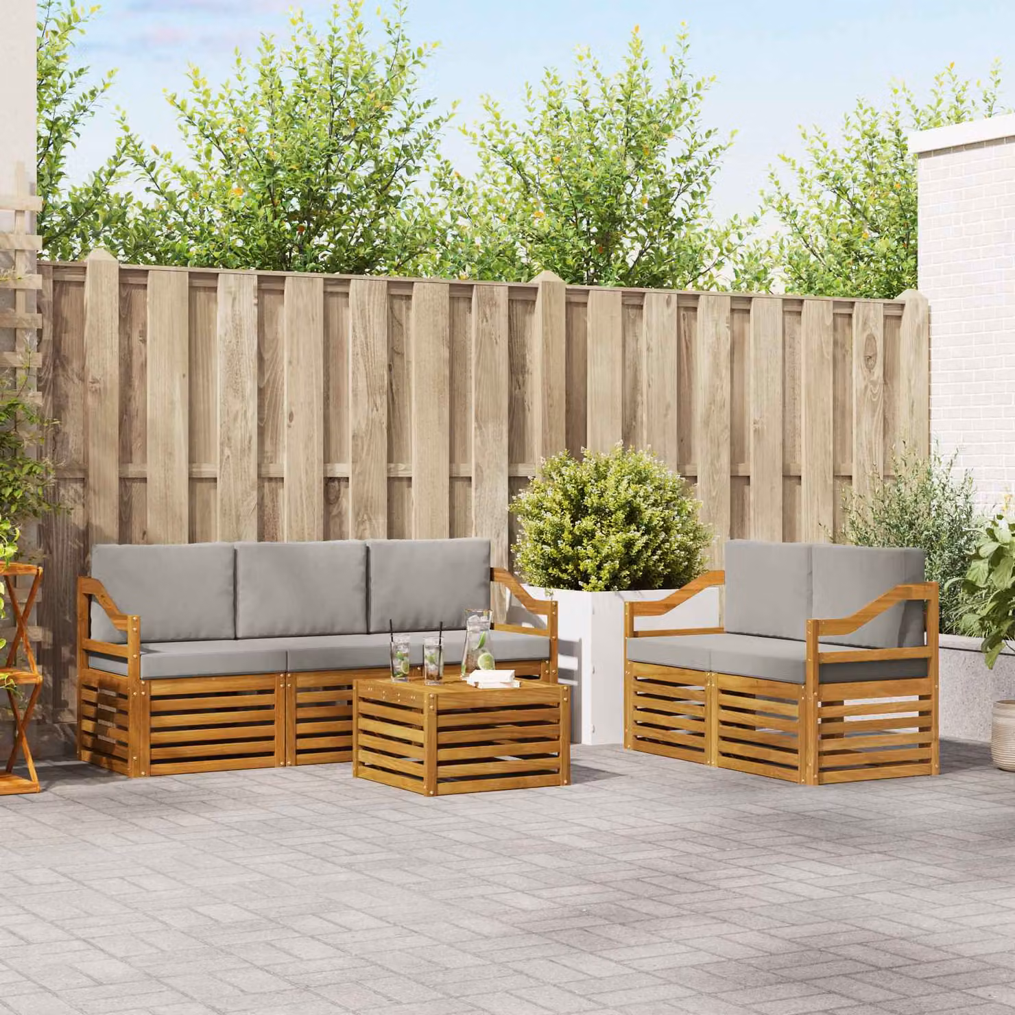 Set di divani da esterno vidaXL in legno di acacia con tavolo da caffè, 6 pezzi, beige, grigio e marrone