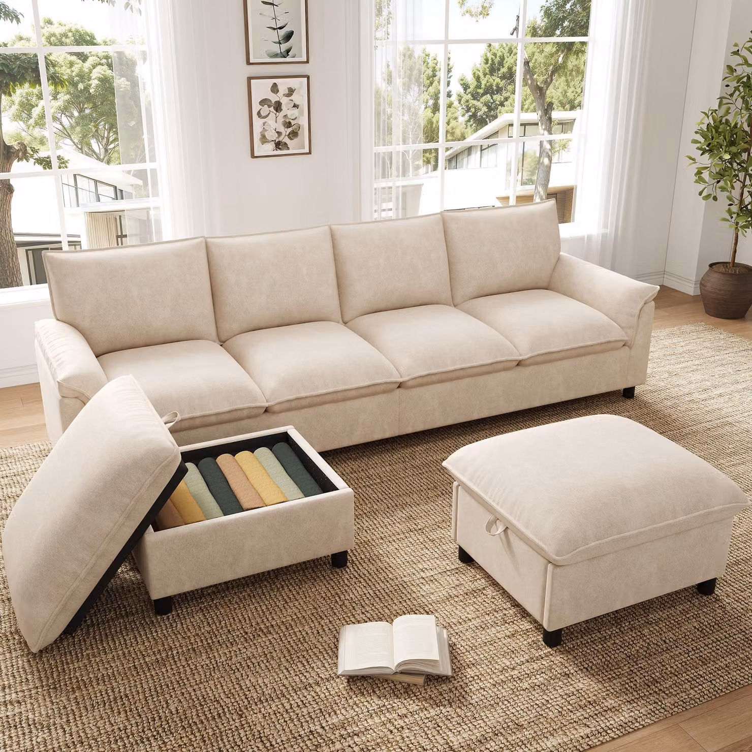 MODFU Divano modulare a forma di U beige, divano angolare a 4 posti con 2 poggiapiedi, divano grande con schienale alto, ciniglia, L 264,5 × A 84 × P 78,5 cm