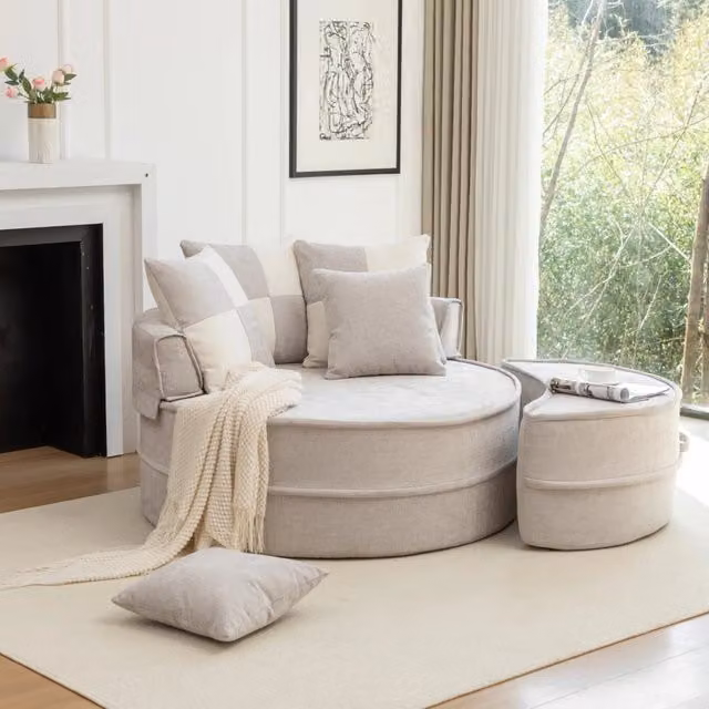 Poltrona chaise longue rotonda con pouf e 5 cuscini in ciniglia grigia HOMVRA