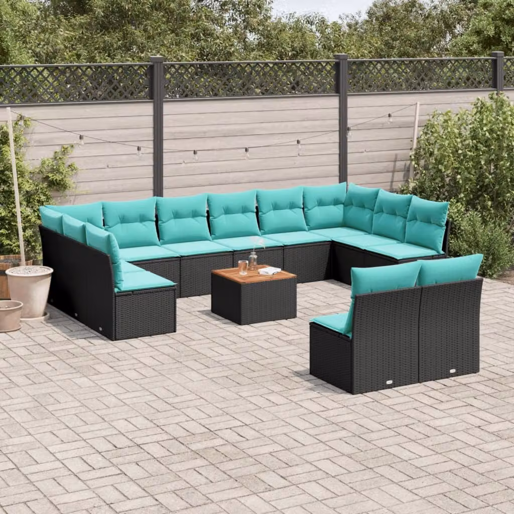 Set di divani da giardino vidaXL in polyrattan nero con cuscini e tavolino da esterno a forma di U