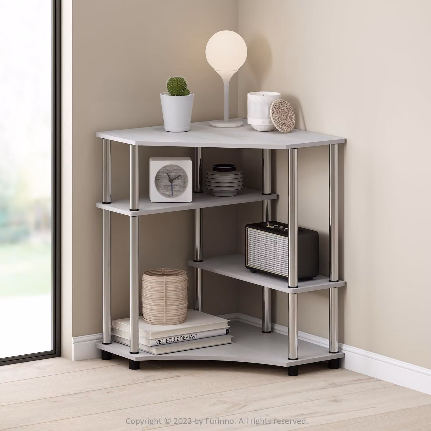 Scaffale a parete in legno composito, con 4 ripiani, finitura bianco rovere/acciaio inossidabile
