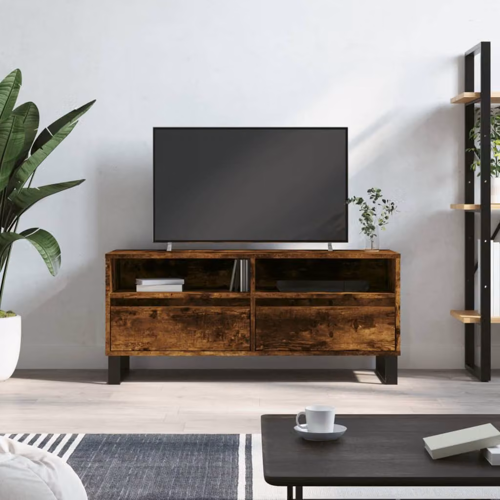 Mobile TV vidaXL Rovere Fumo Marrone in Legno e Metallo L: 100 cm, P: 34,5 cm, H: 44,5 cm