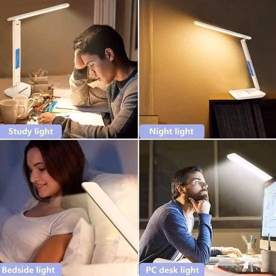 Lampada da scrivania LED bianca con tecnologia touch e alimentazione USB, regolabile e omnidirezionale per home office e lettura