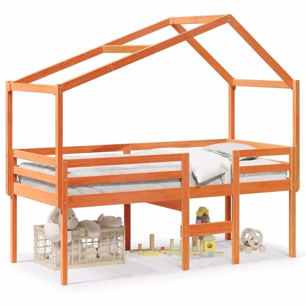 vidaXL Letto a Soppalco per Bambini in Legno Massello di Pino con Tetto a Forma di Casa, Colore Marrone, L/P/H: 195.5 x 80.5 x 142 cm – 2