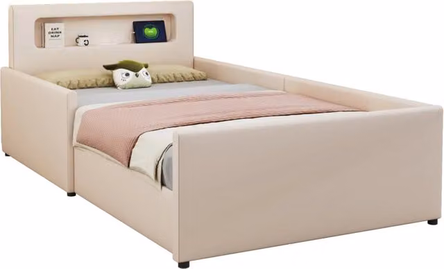Letto singolo per bambini 90x200 cm con cassetti; luce LED e porta USB in similpelle beige