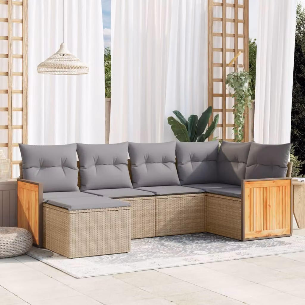 vidaXL Set Divano da Giardino a L 6 pz in Polyrattan con Cuscini Beige e Grigio e Ottoman – 1