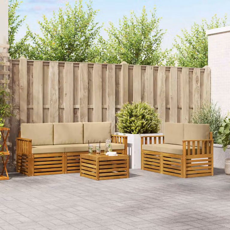 Set di divani da esterno vidaXL in legno di acacia con tavolo da caffè, composizione a L, 6 pezzi, Beige e Marrone