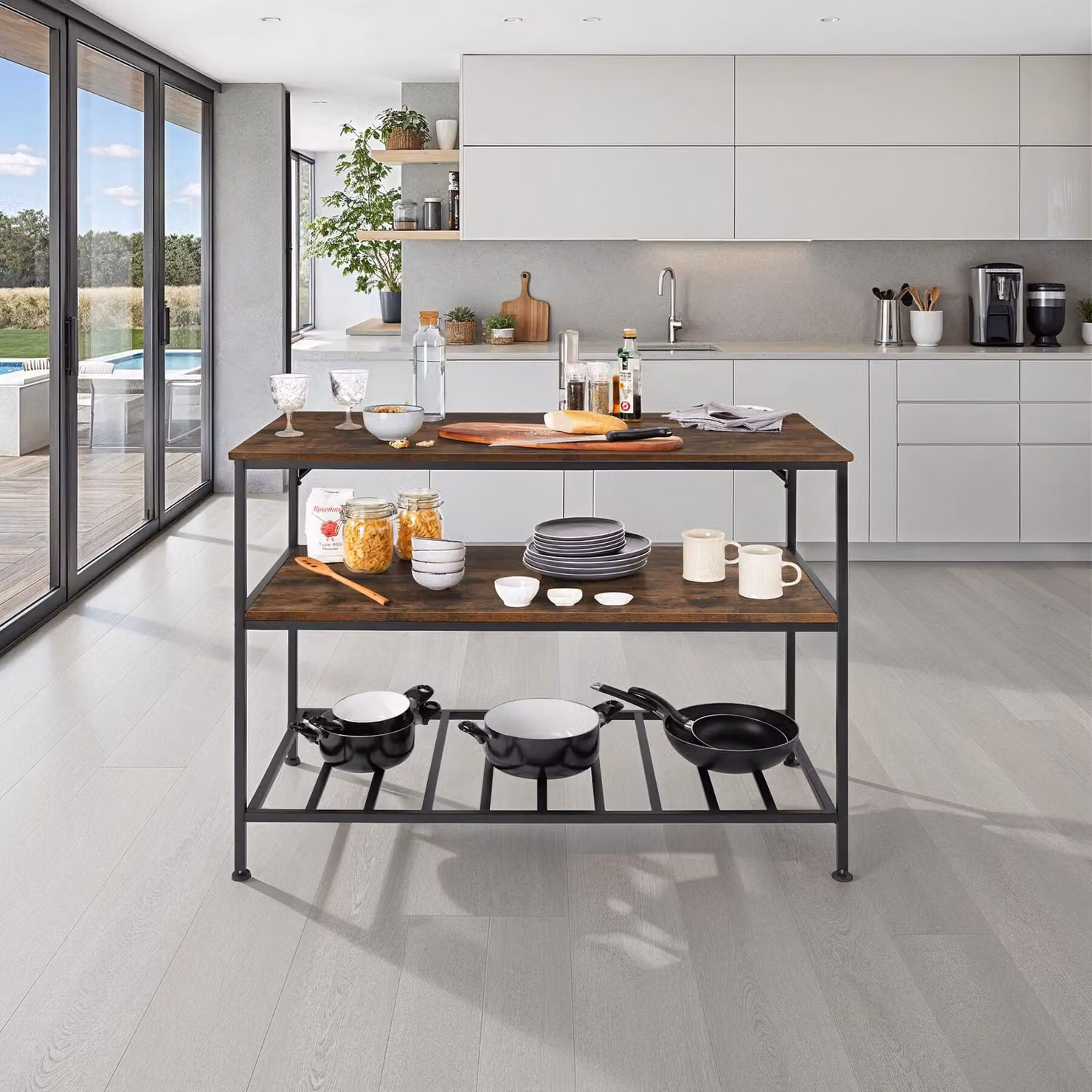 Scaffale da cucina Akeley Tectake in stile industriale, legno e metallo, marrone, L 120 x P 30 x H 90,5 cm – 2