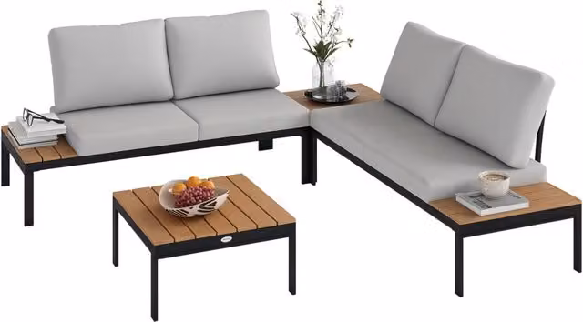 Set Giardino 4 Pezzi con 2 Divani 2 Posti e 2 Tavolini in Metallo e Legno ¨C Xylo ¨C Grigio Nero e Teak