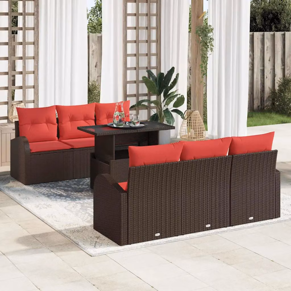 vidaXL Set Divano da Giardino 7 pz a forma di U in Rattan Marrone con Cuscini e Tavolino