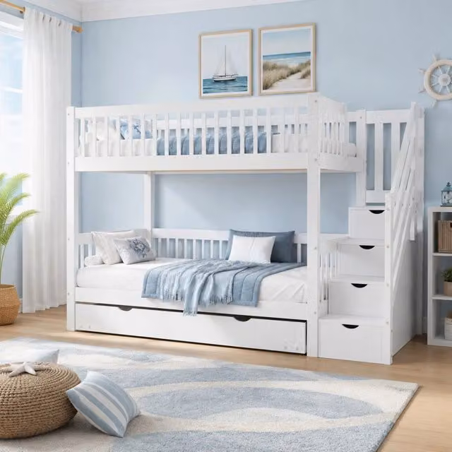 Letto a castello ULEVR 90x200 cm con letto estraibile 90x190 cm, scala con vani e protezioni, bianco