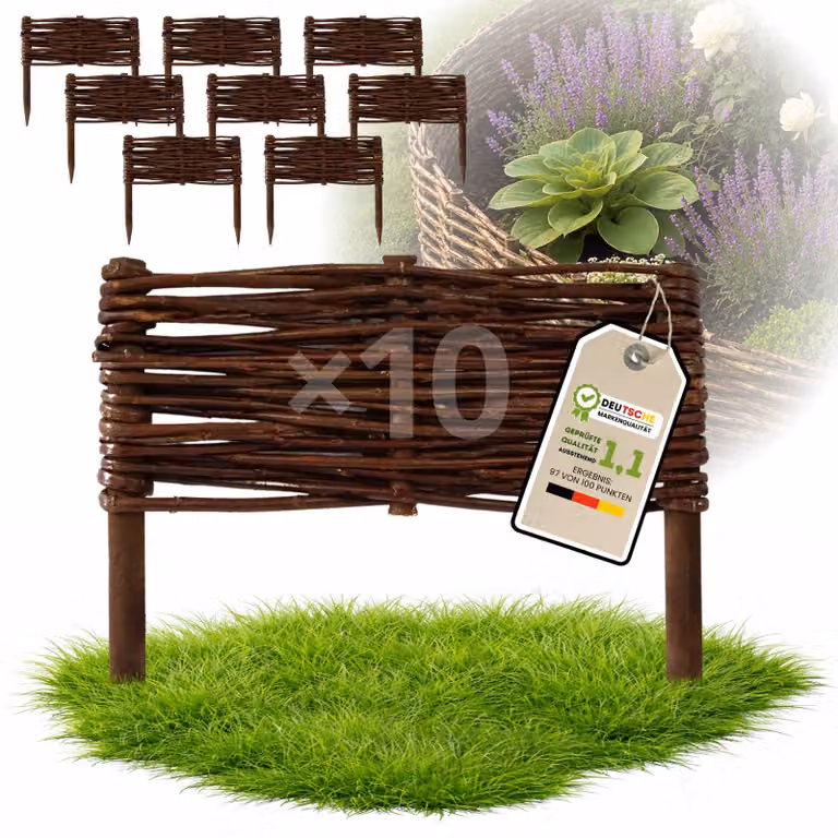 Floranica 10 pezzi Recinzione in vimini 10 cm x 30 cm – Staccionata da giardino intrecciata Palizzata Recinzione naturale Bordo aiuola