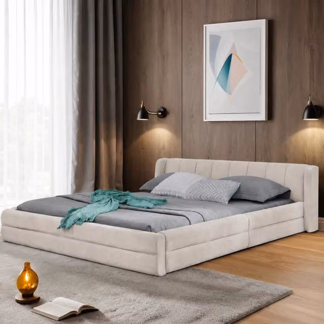 Letto 140x200 cm con testiera ergonomica e struttura robusta; beige