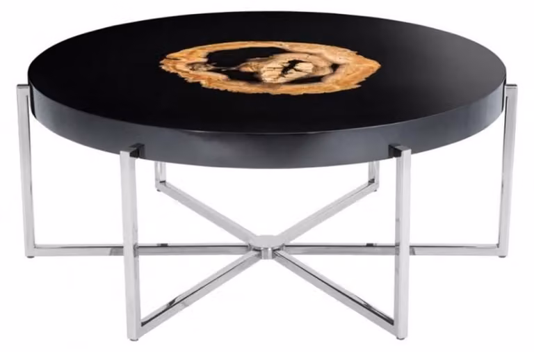 Tavolino da caffè "Casa Padrino", lussuoso, in acciaio cavo con finitura nichel e piano in legno fossilizzato, dimensioni 91 x 39 cm (altezza)