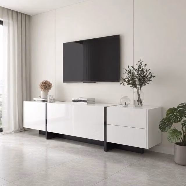 Cassettiera TV bianca lucida e nera; in truciolato; lunghezza 190 cm