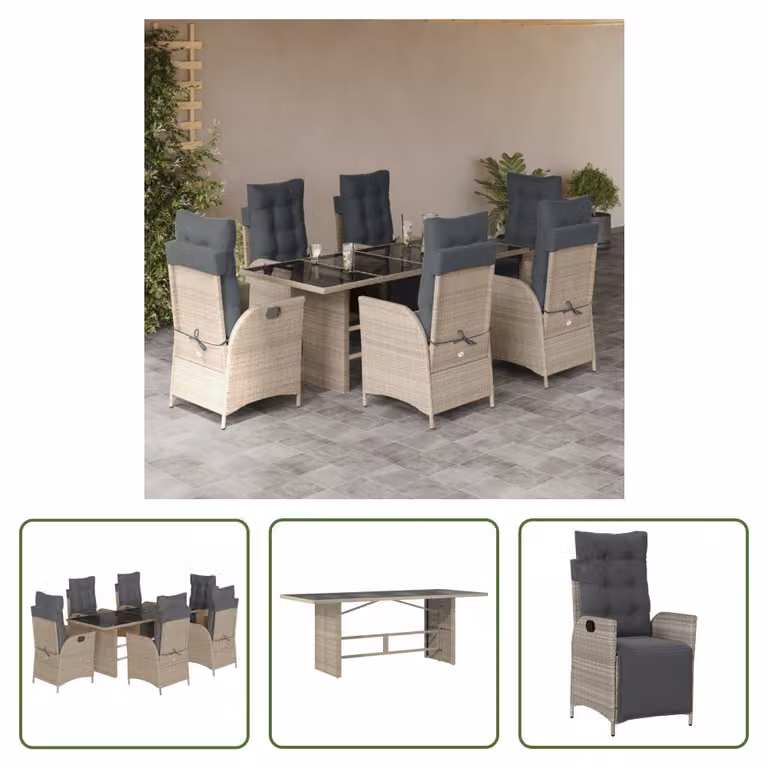 The Living Store Set da pranzo da giardino 7 pezzi con cuscini in poly rattan grigio chiaro