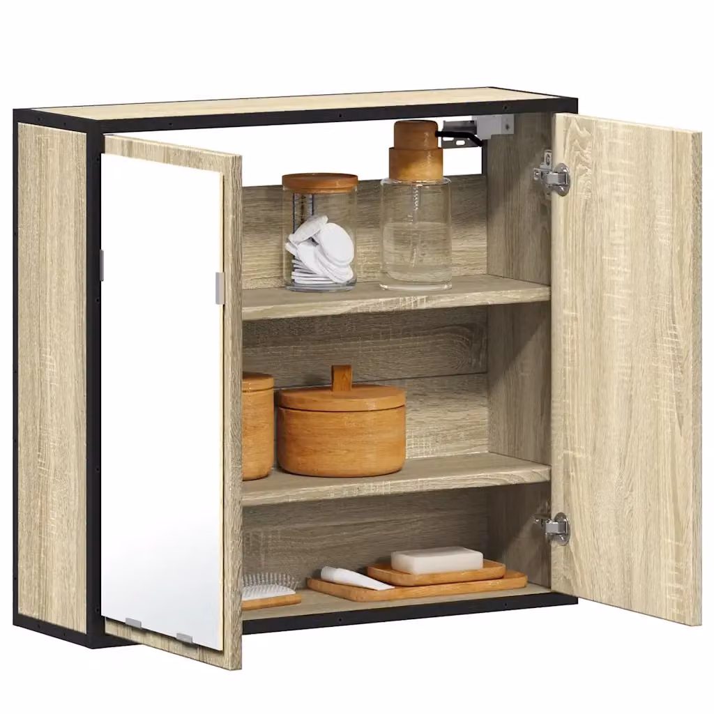 Mobiletto da bagno sospeso in stile industrial con ante in vetro e finitura rovere opaco marrone L 65 cm x P 20 cm x H 60 cm – 2