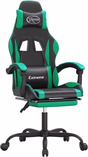 Sedia da Gaming Sportiva con Poggiapiedi e Poggiatesta in Similpelle, Colore Nero e Verde – 1
