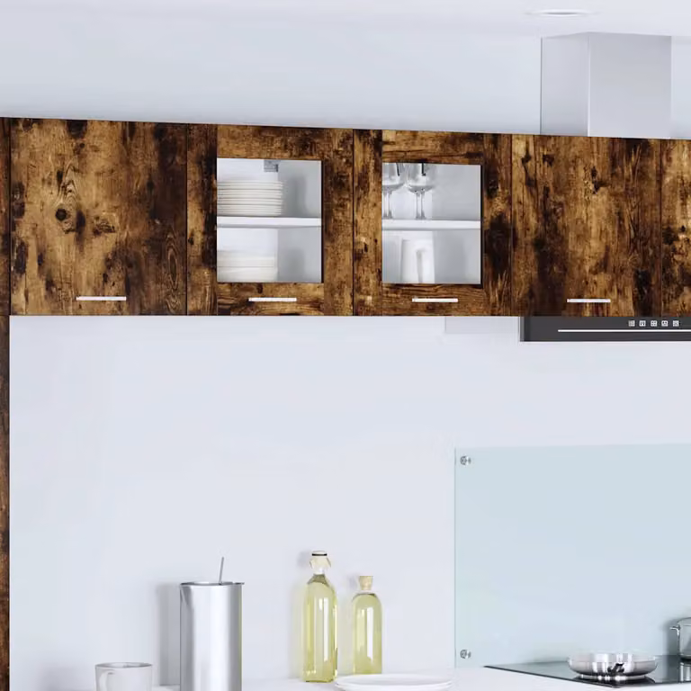 Set di 2 armadi pensili da cucina vidaXL in legno ingegnerizzato con ante in vetro, colore marrone rovere fumé