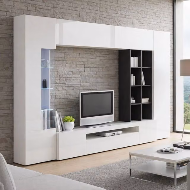 Parete Attrezzata Igor DMORA Made in Italy con 7 Ripiani, Bianco Lucido, L: 290 cm, P: 40 cm, H: 192 cm – 1