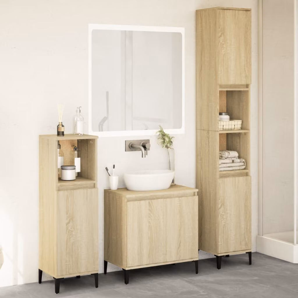 Set di mobili da bagno moderno vidaXL in 3 pezzi color rovere con struttura in legno e metallo, L/P/H: 58 x 33 x 190 cm