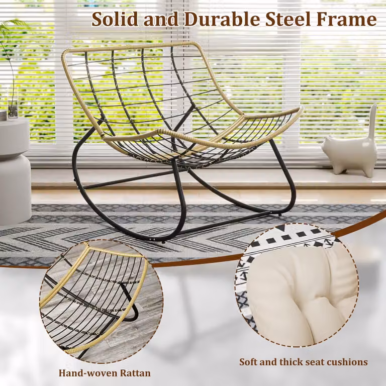Poltrona a dondolo a forma di uovo in vimini, di grandi dimensioni, con cuscino beige. Adatta sia per interni che per esterni, realizzata in rattan di polietilene resistente a tutte le condizioni atmosferiche