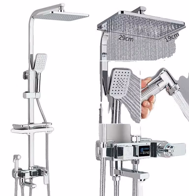 Miscelatore per doccia, display digitale, controllo termostatico, corpo in cromo