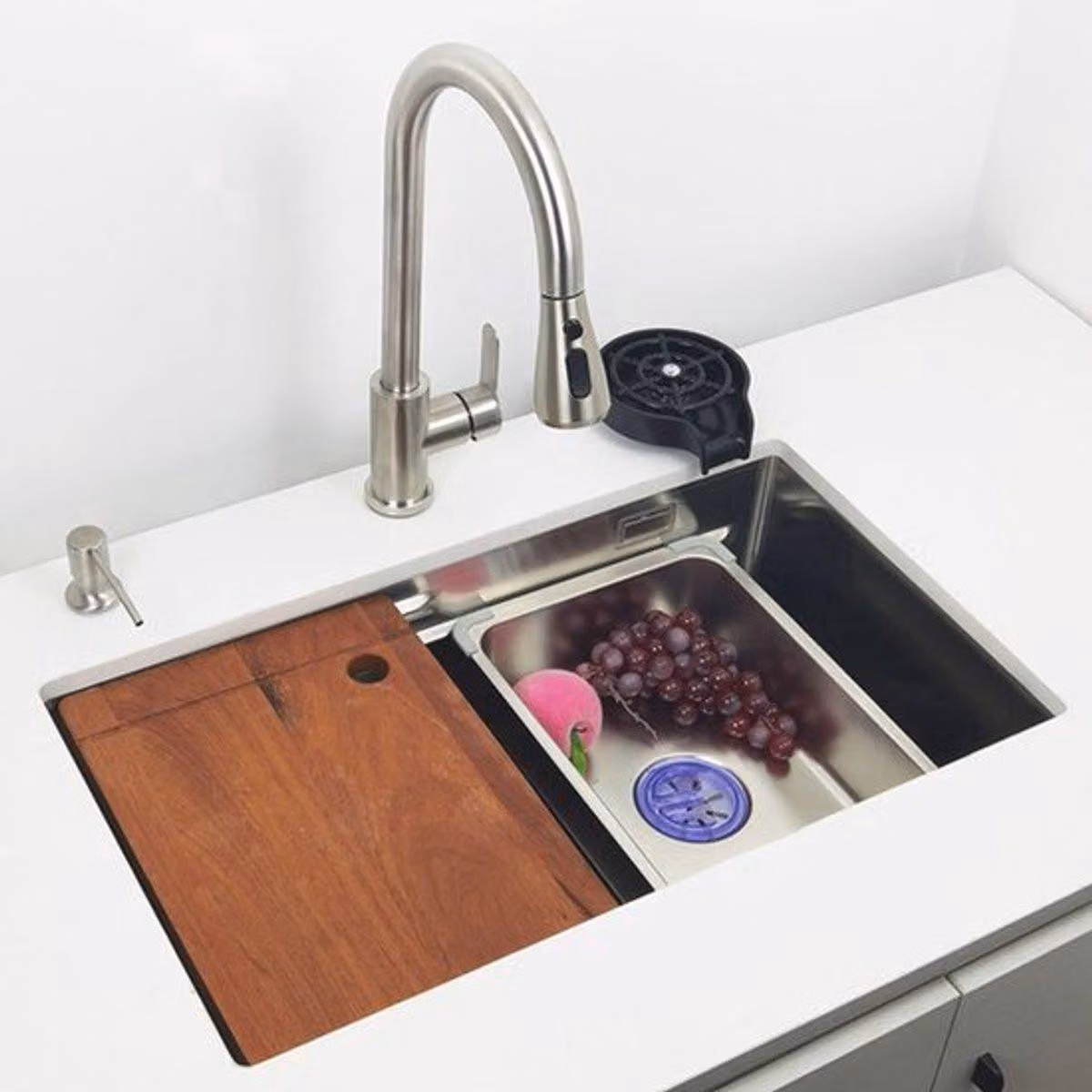 Lavello da cucina – Modello da incasso, dimensioni 75x40 cm – Acciaio inossidabile spazzolato, con una vasca e dotato di rubinetto con erogatore a cascata