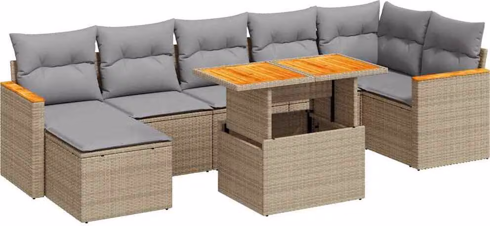 Set Divano da Giardino 8 pz con Cuscini Beige Polyrattan Acacia