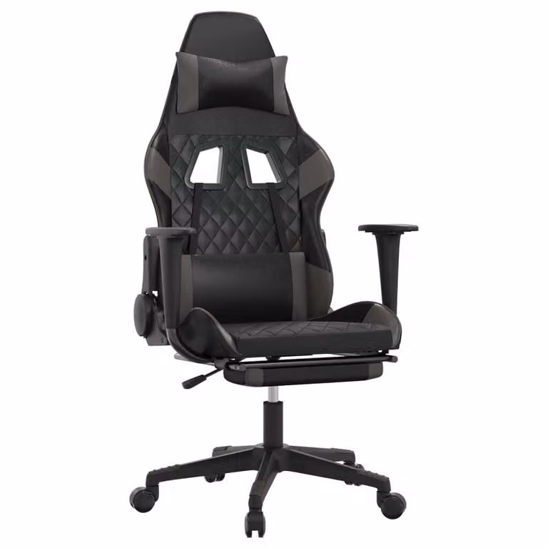 Sedia da Gaming con Poggiapiedi Nero e Grigio in Pelle finta