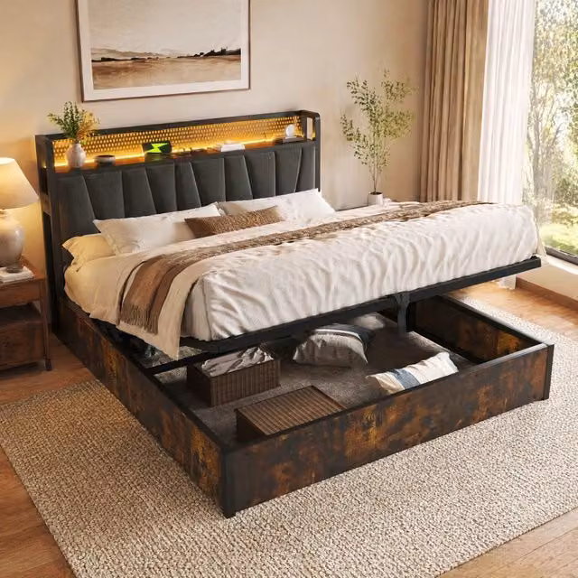 Letto matrimoniale 180x200 cm con contenitore; testiera LED RGBW; prese e USB; grigio