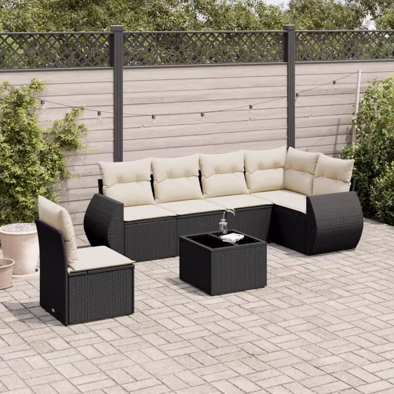 Set Divani da Giardino vidaXL a Forma di L con 7 Pezzi, Polyrattan Nero e Cuscini con Rivestimenti Rimovibili