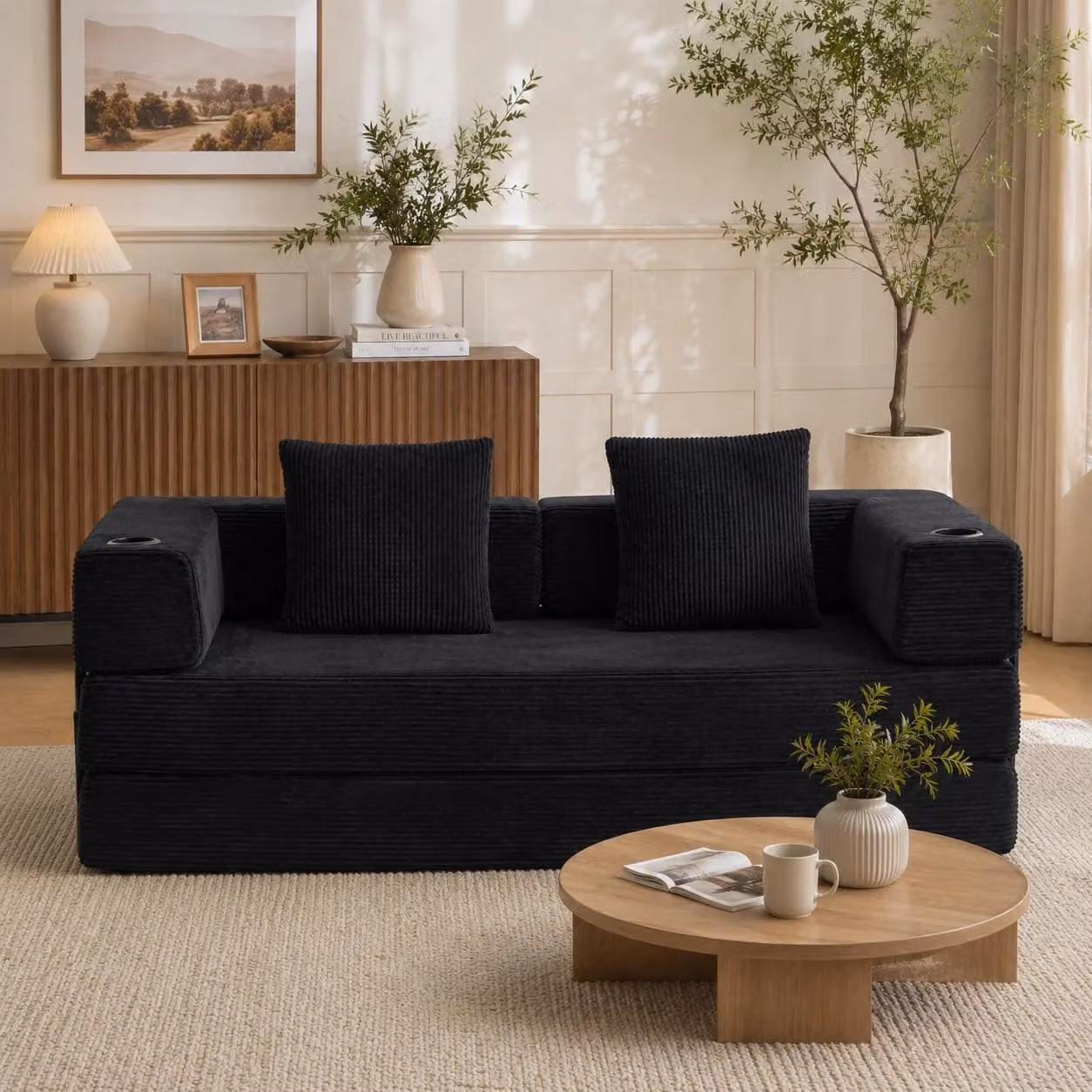 Divano letto pieghevole - Tessuto in velluto nero - Imbottitura in schiuma compatta - Design modulare ARC - Portabicchieri - Tasca laterale - Non richiede montaggio