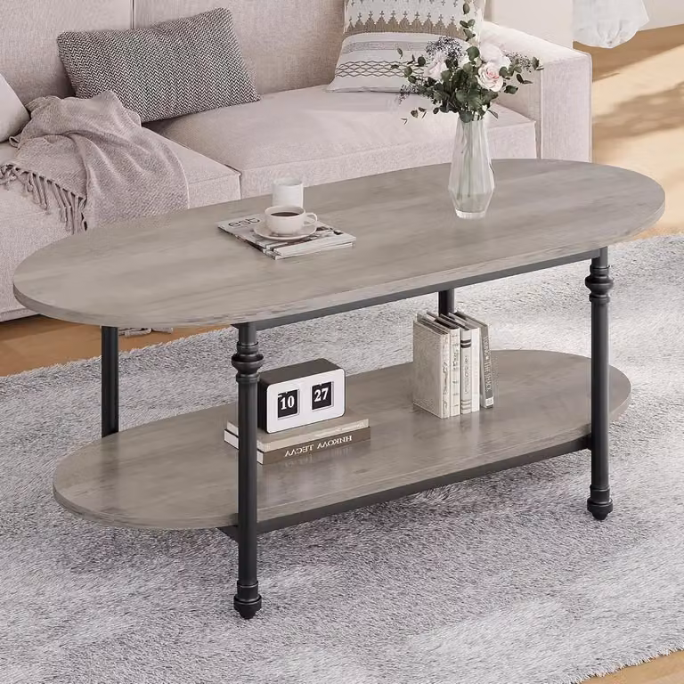 Tavolino ovale – Basso, con 2 ripiani, ideale per il soggiorno, 120 cm – Struttura in legno – Salvaspazio – Design retrò mid-century – Grigio